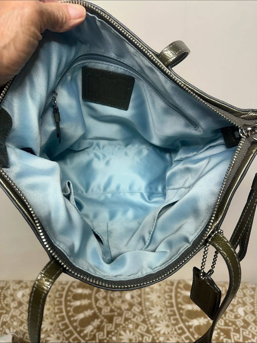 COACH Olive Leather Tote with Signature Charm